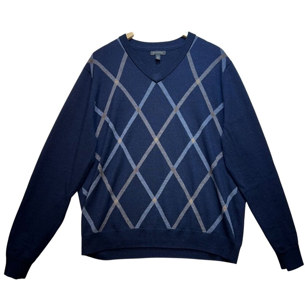 John W. Nordstrom Men V Neck Pullover Sweater Knit Long Sleeve Sz XL Blue Argyle